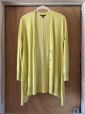 Eileen Fisher Linen Cardigan Women’s XS Yellow Longline Button Front
